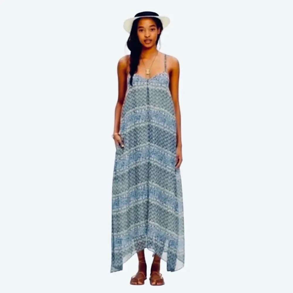 Madewell Moroccan Tile Blue Strappy MIdi Boho Relaxed Coastal Resortcore Dress S